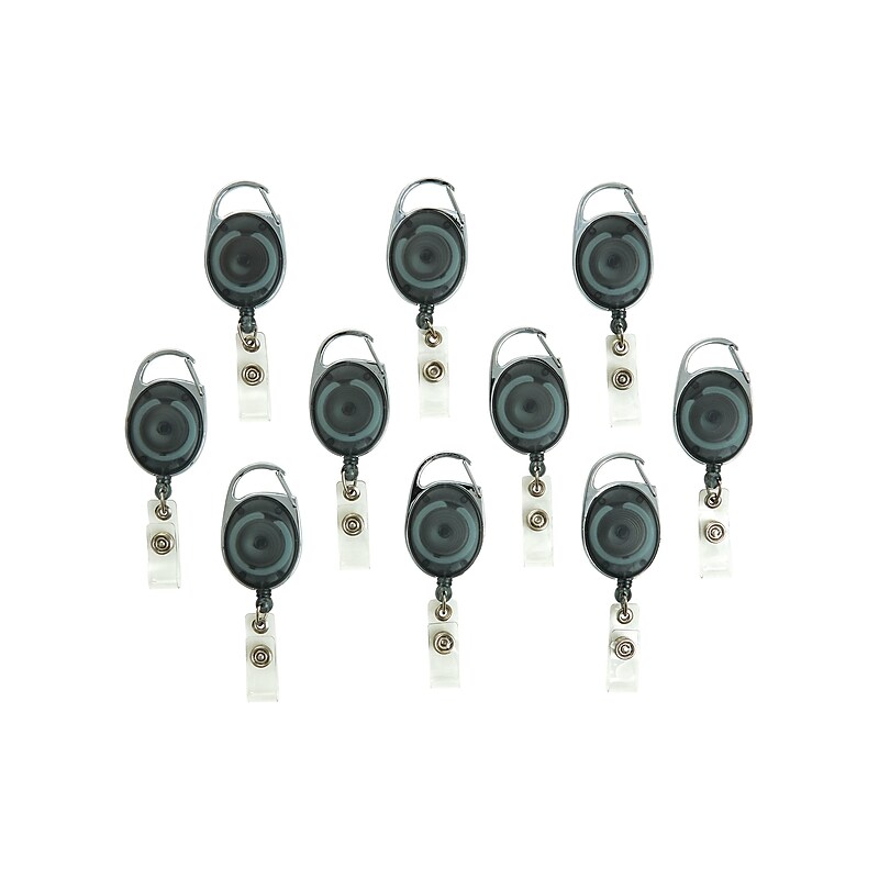 Staples Metal Carabiner Badge Reels, 30" Retractable Cord Length, Metal, Smoke, 10/Pack (41792-CC) image 1