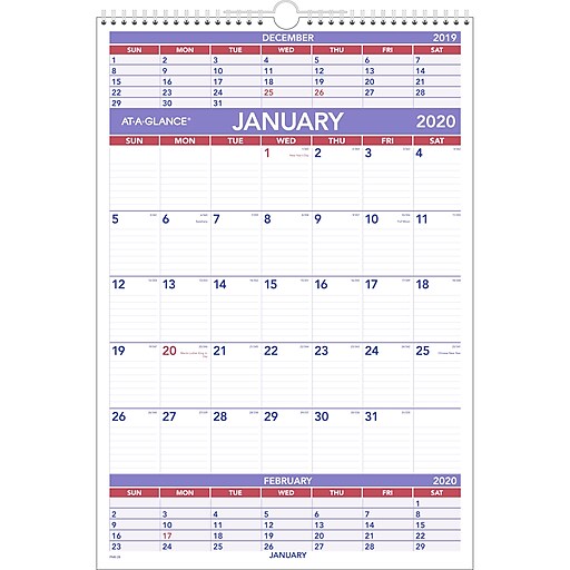 2020 ATAGLANCE 15 1/2" x 22 3/4" 3Month Wall Calendar (PM62820) at