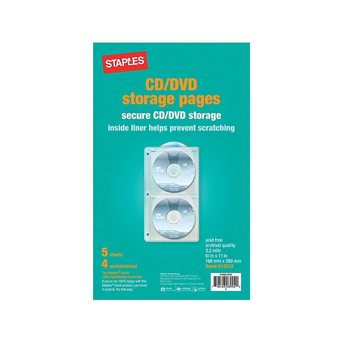Staples CD/DVD Pockets, Clear, 5/Pack (15940) | Staples