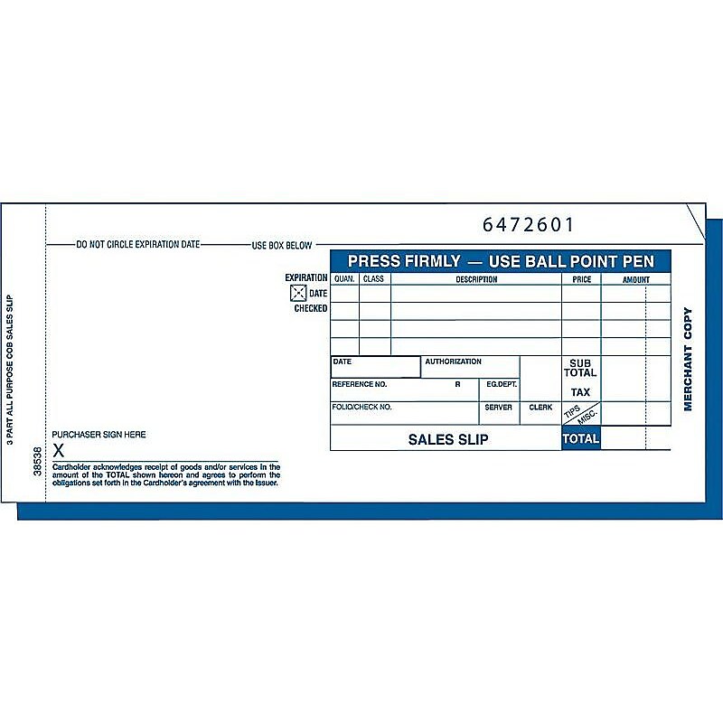 TOPS Credit Card Sales 3-Part Carbonless Receipt, 3.25"L x 7.88"W, 100/Pack (TOP 38538) image 1