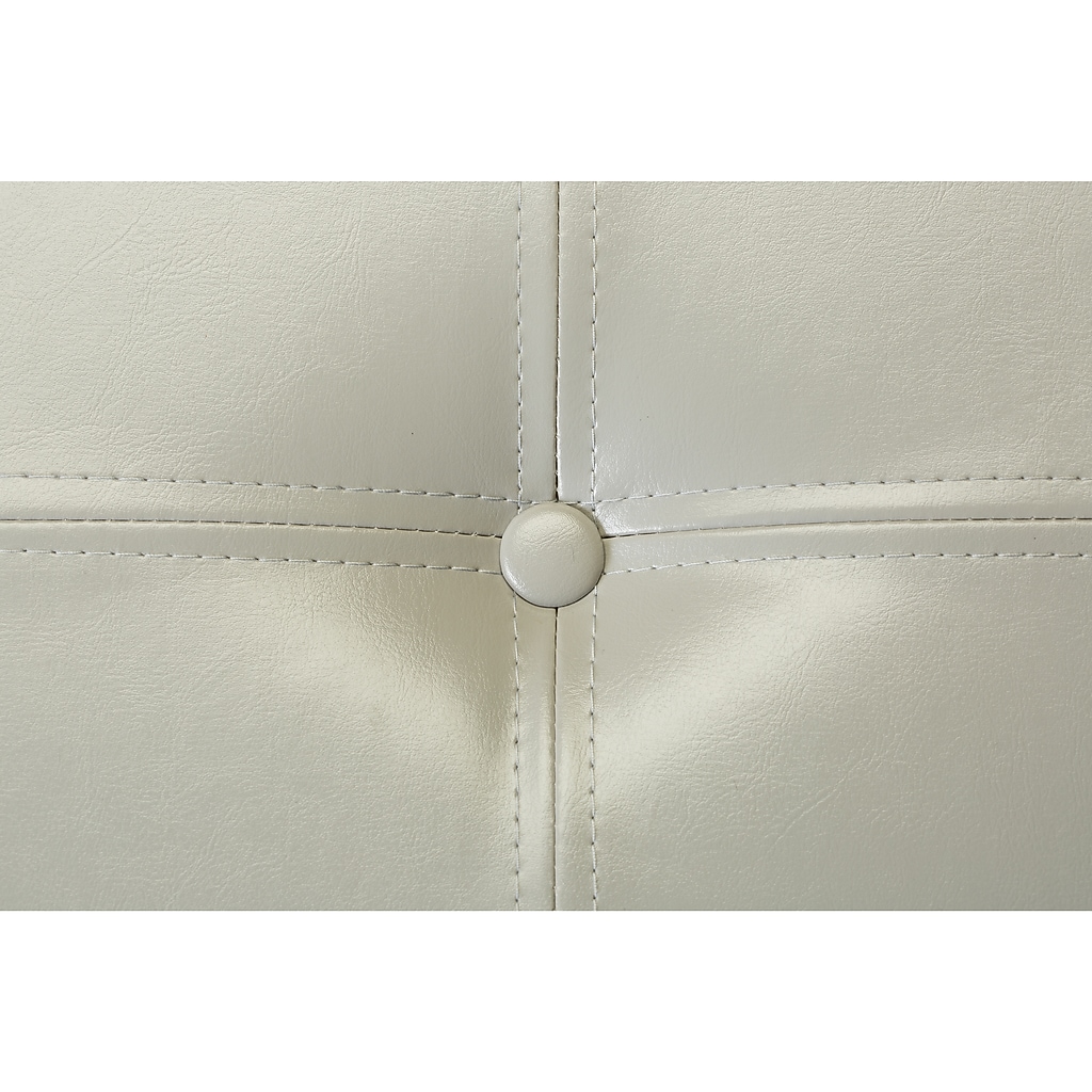 Stitching and seam detail on grey faux leather ottoman