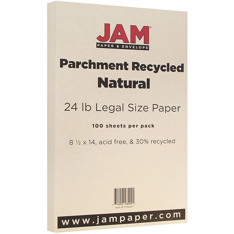 JAM Paper Parchment Colored 8.5" x 14" Paper, 24 lbs., Natural Recycled, 100 Sheets/Pack (17132137) image 1