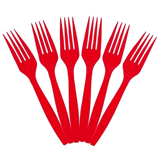 JAM Paper® Big Party Pack of Premium Plastic Forks, Red, 100 Disposable