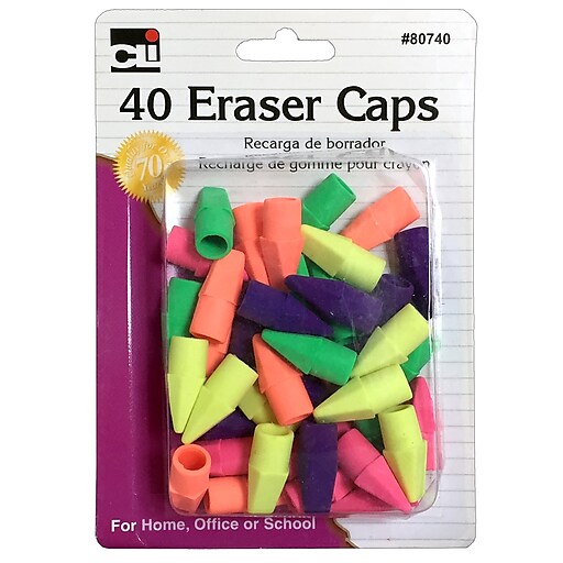 80792 Assorted Neon Charles Leonard Pencil Eraser Caps 20-Pack 