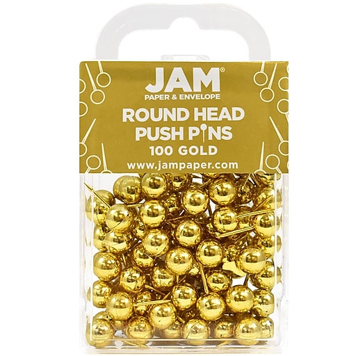 Jam Paper Push Pins, Round Head Map Pushpins, Gold, 100/Pack