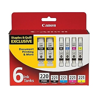 Canon 220/221 Black/Photo Black/Cyan/Magenta/Yellow Standard Yield Ink Tank Cartridge, 6/Pack (2945B015)
