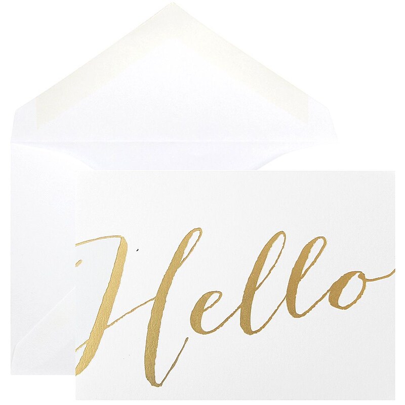 JAM Paper® Blank Greeting Cards Set, Hello, White with Gold Script, 10/Pack (D41113NGLMB) image 1