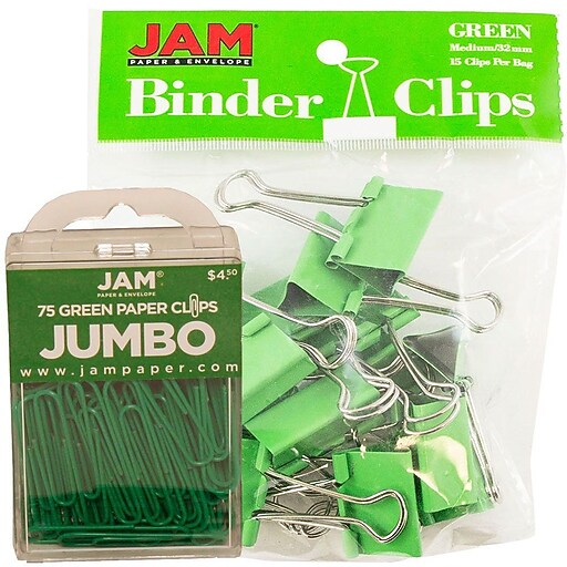 JAM Paper® Office Desk Supplies Bundle, Green, Jumbo Paper Clips