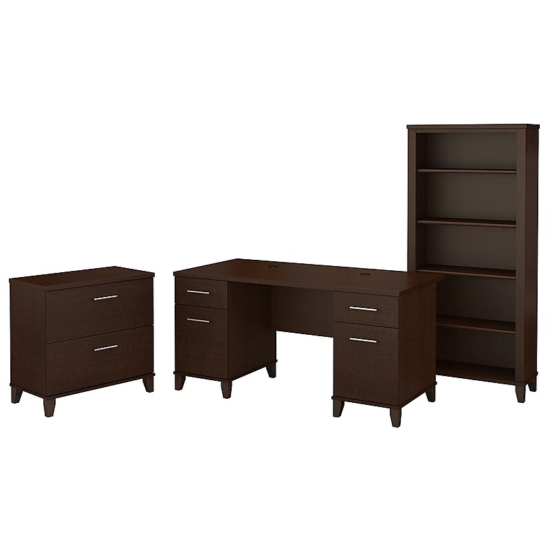 Bush Furniture Somerset 60"W Office Desk with Lateral File Cabinet and 5 Shelf Bookcase, Mocha Cherry (SET013MR) image 1
