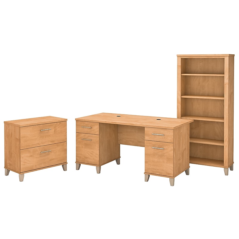 Bush Furniture Somerset 60"W Office Desk with Lateral File Cabinet and 5 Shelf Bookcase, Maple Cross (SET013MC) image 1