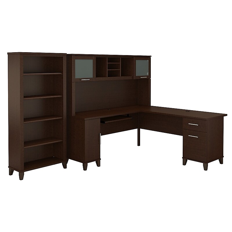 Bush Furniture Somerset 72"W L Shaped Desk with Hutch and 5 Shelf Bookcase, Mocha Cherry (SET011MR) image 1