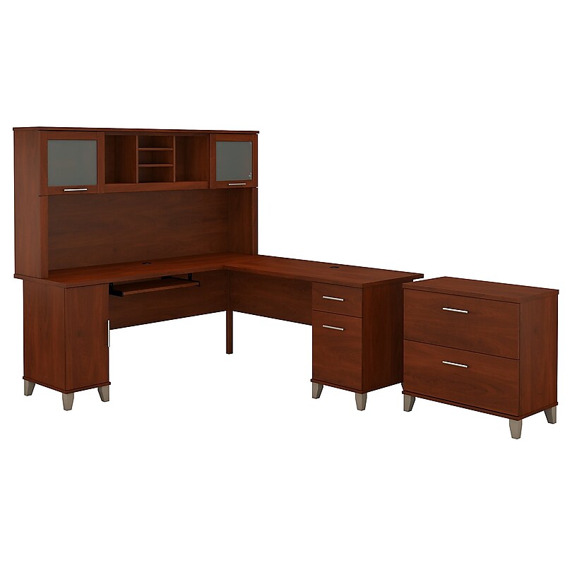 Bush Furniture Somerset 72"W L Shaped Desk with Hutch and Lateral File Cabinet, Hansen Cherry (SET009HC) image 1