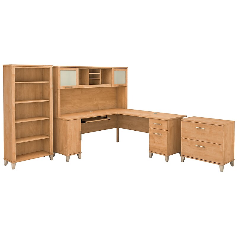 Bush Furniture Somerset 72"W L Shaped Desk with Hutch, Lateral File Cabinet and Bookcase, Maple Cross (SET012MC) image 1