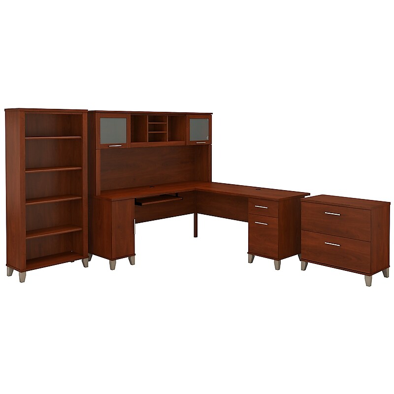 Bush Furniture Somerset 72"W L Shaped Desk with Hutch, Lateral File Cabinet and Bookcase, Hansen Cherry (SET012HC) image 1