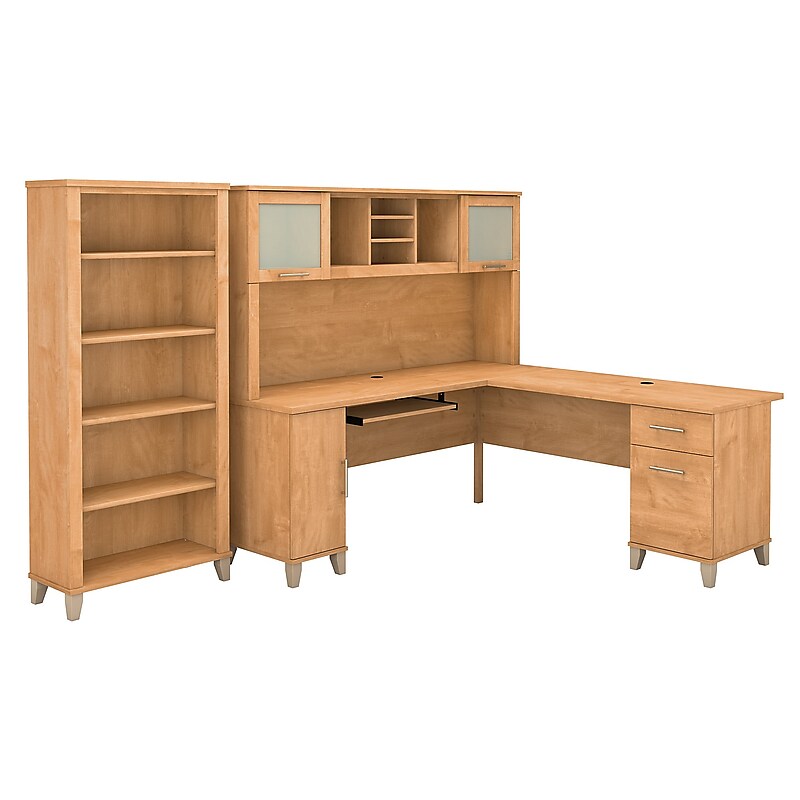 Bush Furniture Somerset 72"W L Shaped Desk with Hutch and 5 Shelf Bookcase, Maple Cross (SET011MC) image 1
