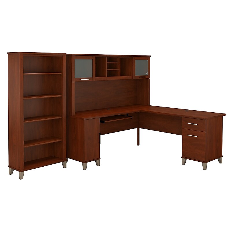 Bush Furniture Somerset 72"W L Shaped Desk with Hutch and 5 Shelf Bookcase, Hansen Cherry (SET011HC) image 1