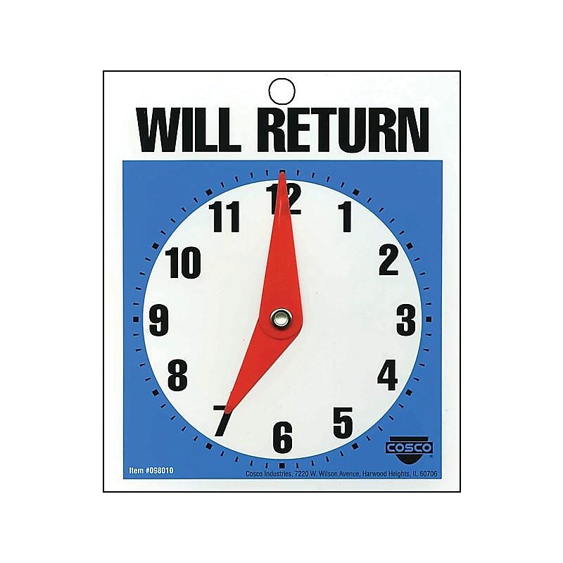 Cosco Open/Come In/Will Return with Clock Indoor/Outdoor Door Sign, 5.25" x 6", Multicolored (098010) image 1