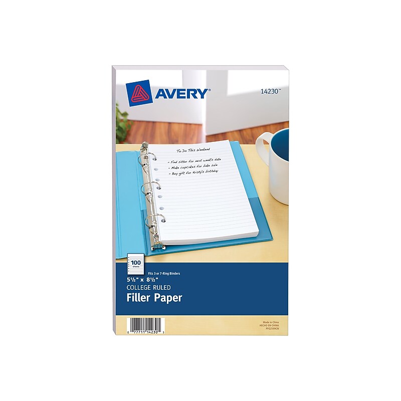 Avery College Ruled Filler Paper, 5.5" x 8.5", 7-Hole Punched, 100 Sheets/Pack (AVE14230) image 1