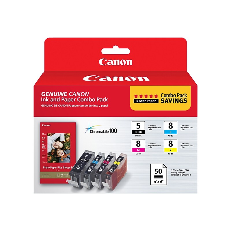 Canon 5/8 Black, Cyan, Magenta, Yellow Ink Cartridges w/ Photo Paper, 4/Pack (0628B027) image 1