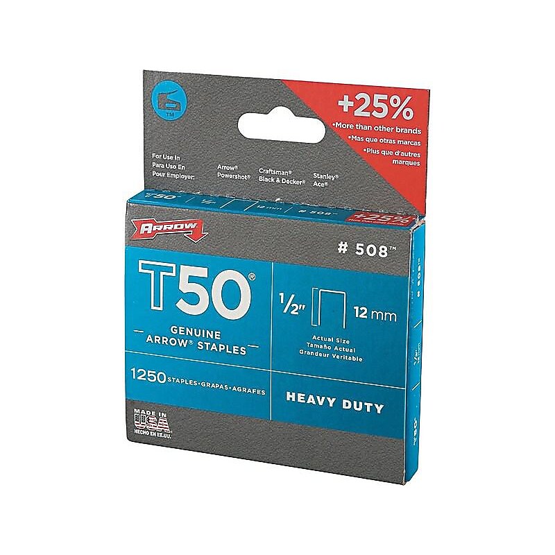 Arrow T50 Staples, 1/2" Leg Length, 1250 Staples/Box (091-50824) image 1