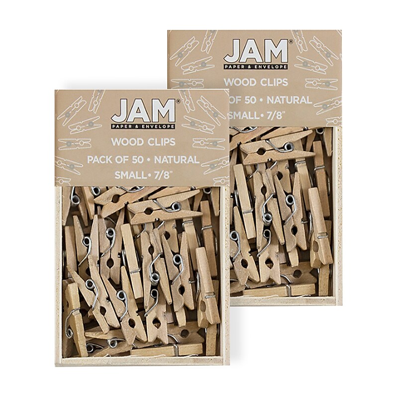 JAM Paper Wood Clip Small Wood Clothespins, Natural Brown, 2 Packs of 50 (3230717359A) image 1
