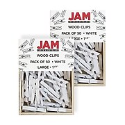 JAM Paper® Wood Clip Clothespins, Medium 1 1/8 Inch, White Clothes Pins, 2 Packs of 50 (2230719109A)