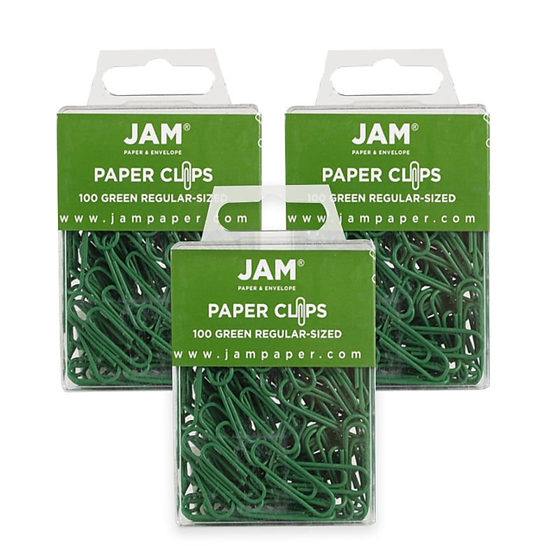 JAM Paper Small Paper Clips, Green, 3 Packs of 100 (2183752B) image 1