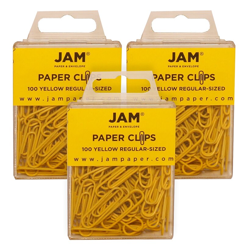 JAM Paper Small Paper Clips, Yellow, 3 Packs of 100 (2183756B) image 1