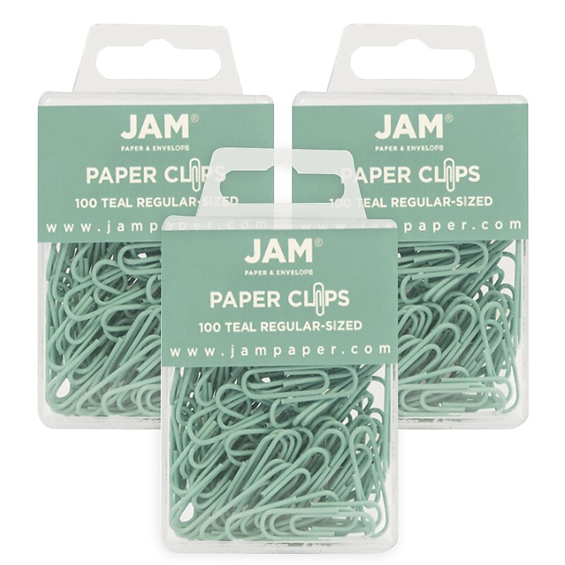 JAM Paper Small Paper Clips, Teal, 3 Packs of 100 (21832064B) image 1