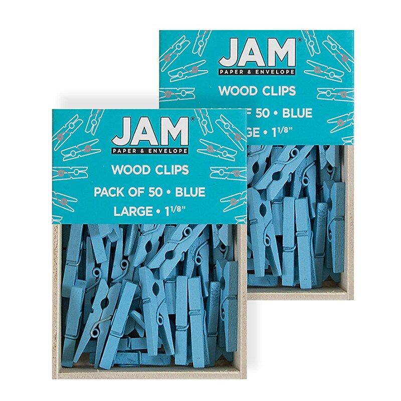 JAM Paper® Wood Clip Clothespins, Medium 1 1/8 Inch, Blue Clothes Pins, 2 Packs of 50 (230726776A) image 1