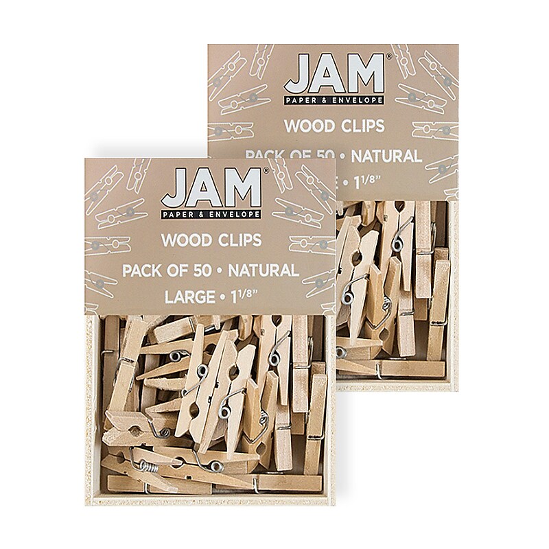 JAM Paper® Wood Clip Clothespins, Medium 1 1/8 Inch, Natural Brown Clothes Pins, 2 Packs of 50 (2230719108A) image 1