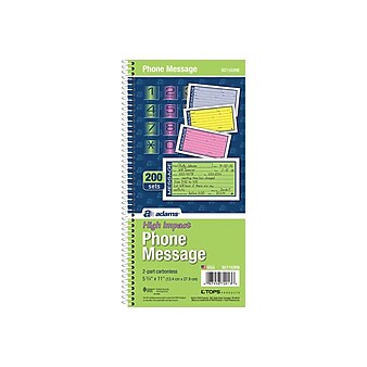 Adams High Impact Phone Message Pad, 5.25" x 11", Ruled, Blue/Yellow/Green/Pink, 50 Sheets/Pad (ABF SC1153RB)
