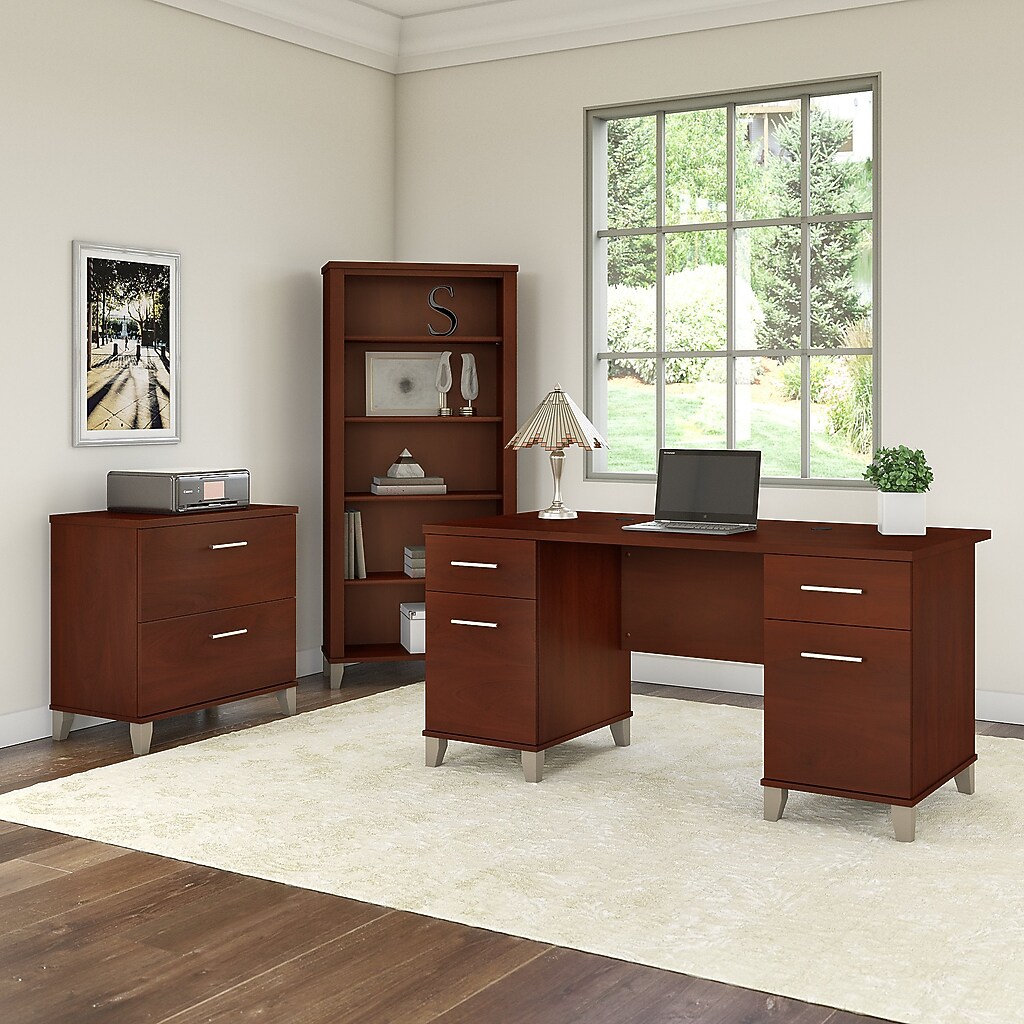Desk with matching storage cabinet and shelf unit