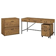 kathy ireland® Home by Bush Furniture Ironworks 60W Writing Desk with File Cabinets, Vintage Golden Pine (IW016VG)