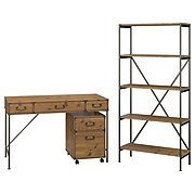 kathy ireland® Home by Bush Furniture Ironworks 48W Writing Desk with File Cabinet and Bookcase, Vintage Golden Pine (IW010VG)