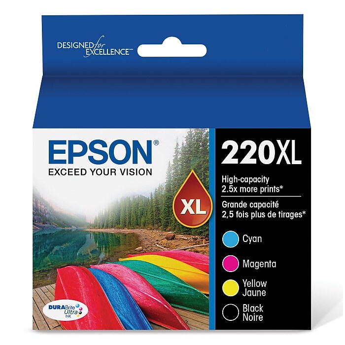 Epson T220XL Black/Cyan/Magenta/Yellow High Yield Ink Cartridge, 4