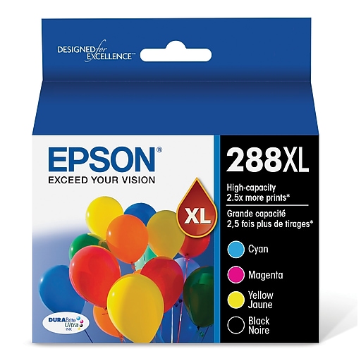 Epson T288XL Black/Cyan/Magenta/Yellow High Yield Ink Cartridge, 4/Pack