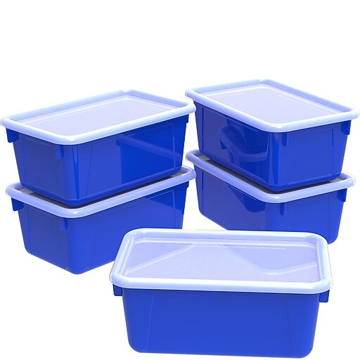 Storex Plastic Small Cubby Bins with Lids, 5.1" x 7.8" x 12.2", Blue