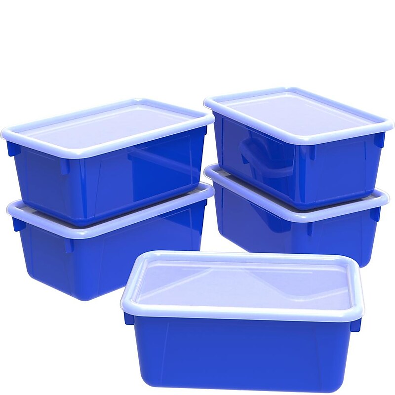 Storex Plastic Small Cubby Bins with Lids, 5.1" x 7.8" x 12.2", Blue/Clear, 5/Carton (62408U05C) image 1