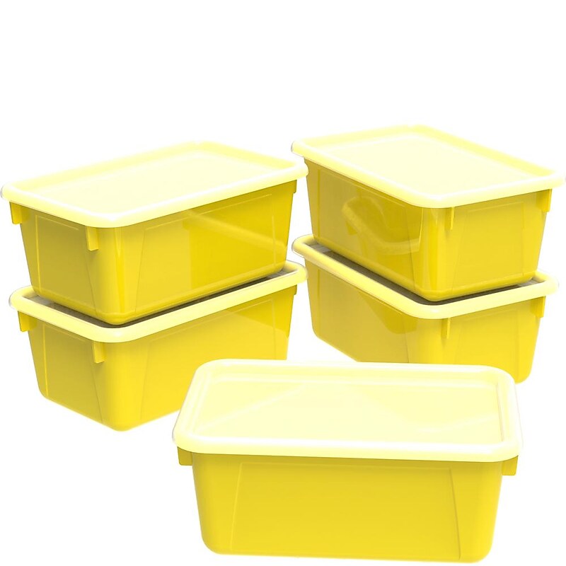 Storex 5.1"H x 7.8"W Plastic Small Cubby Bin with Lid, Yellow, 5/CT (62410U05C) image 1