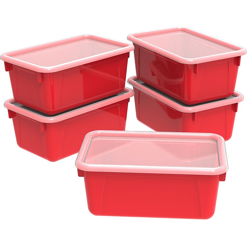 Storex 5.1"H x 7.8"W Plastic Small Cubby Bin with Lid, Red, 5/CT (62407U05C) image 1