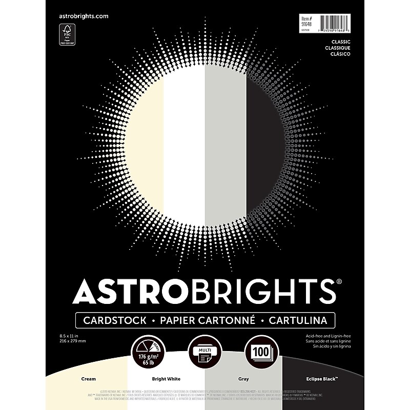 Astrobrights 65 lb. Cardstock Paper, 8.5" x 11", Classic Assortment, 100 Sheets/Ream (91648) image 1