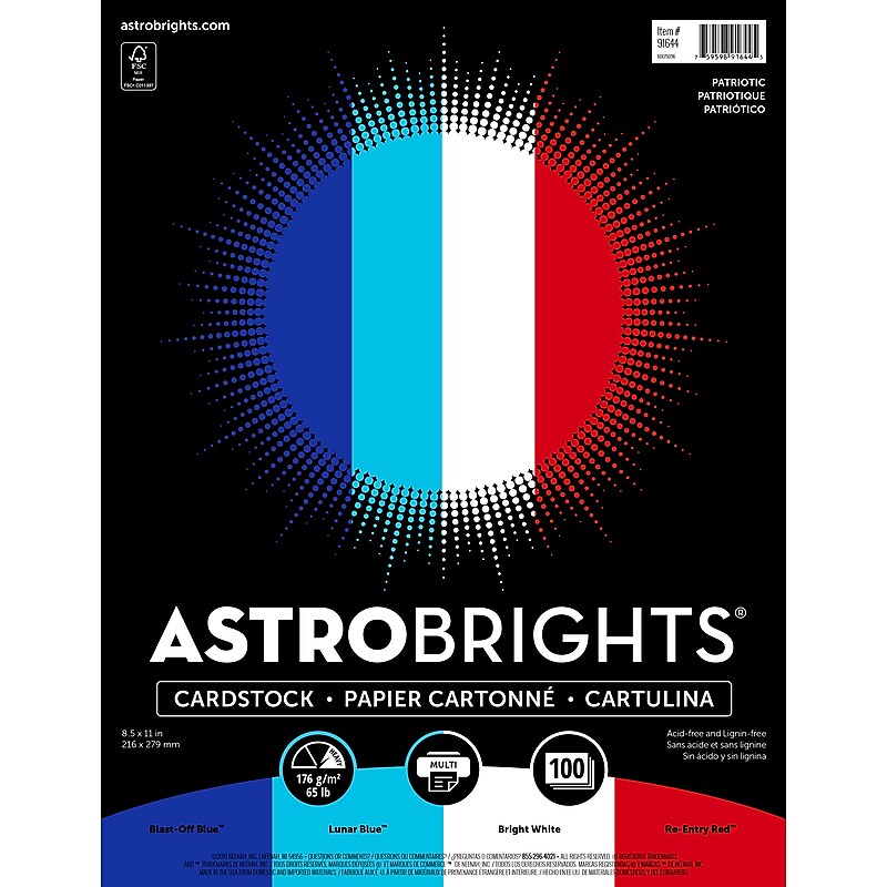 Astrobrights 65 lb. Cardstock Paper, 8.5" x 11", Patriotic Assortment, 100 Sheets/Ream (91644) image 1