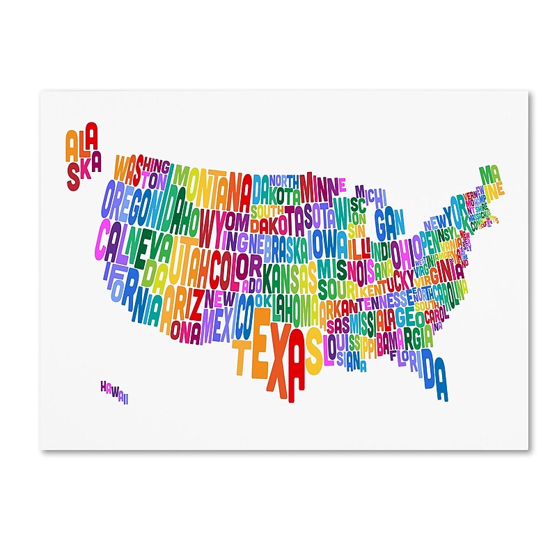 Trademark Fine Art Michael Tompsett 'US Typography Text Map' 14" x 19" Canvas Stretched (190836013234) image 1
