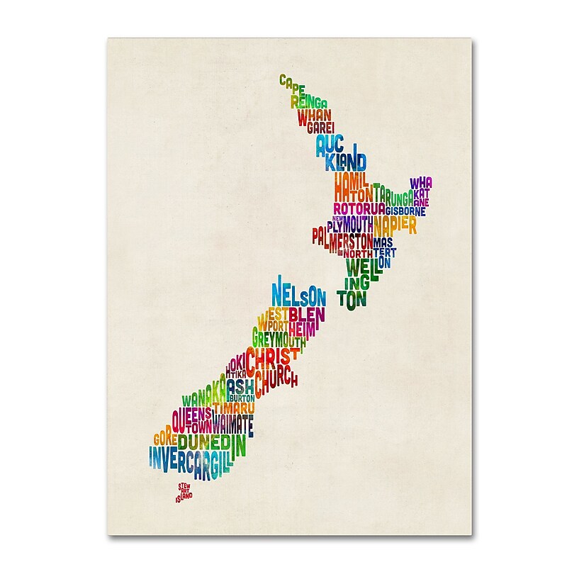 Trademark Fine Art Michael Tompsett 'New Zealand Typography Map' 14" x 19" Canvas Stretched (190836014491) image 1