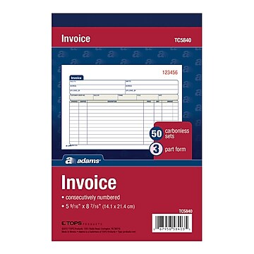 Adams 3-Part Carbonless Invoices, 8.44"W x 5.56"L, 50 Sets/Book (TC5840)