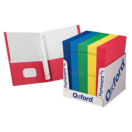 Oxford 2 Pocket Folders with Fasteners, Assorted Colors, 100/Box