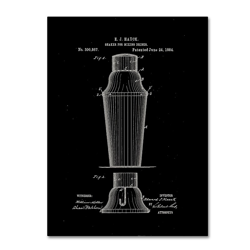 Trademark Fine Art Claire Doherty 'Cocktail Shaker Patent 1884 Black' 14" x 19" Canvas Stretched (886511939899) image 1