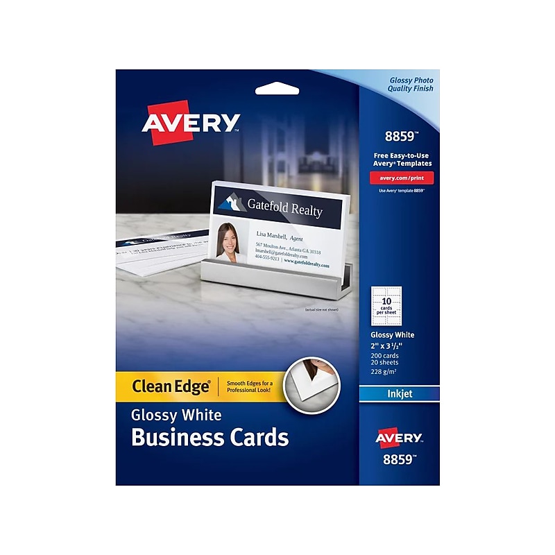 Avery Clean Edge Business Cards, 3.5"W x 2"H, Glossy White, 200/Pack (8879) image 1