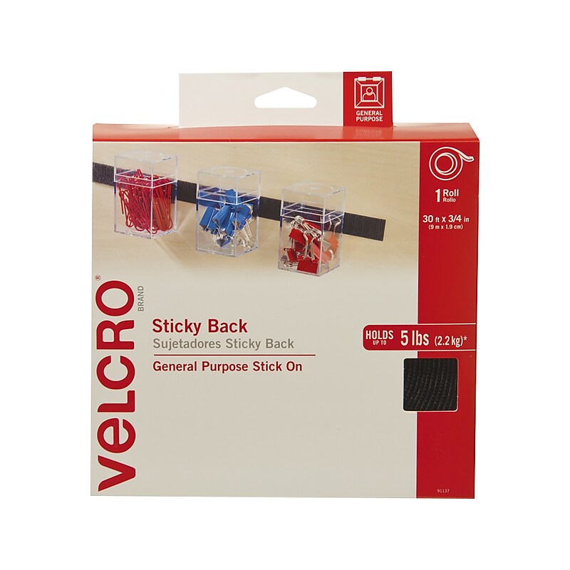 Velcro 0.75" x 360" Sticky Back Hook & Loop Fastener, Black, Each (91137) image 1